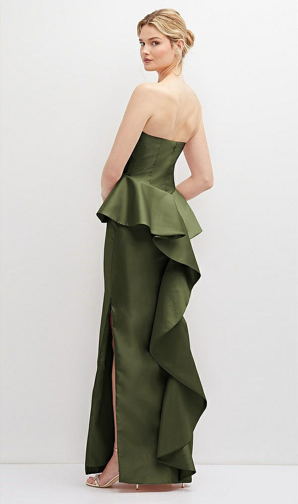 Back View - Olive Green Strapless Satin Maxi Dress with Cascade Ruffle Peplum Detail
