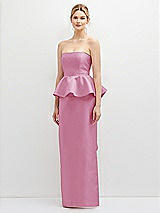 Front View Thumbnail - Powder Pink Strapless Satin Maxi Dress with Cascade Ruffle Peplum Detail