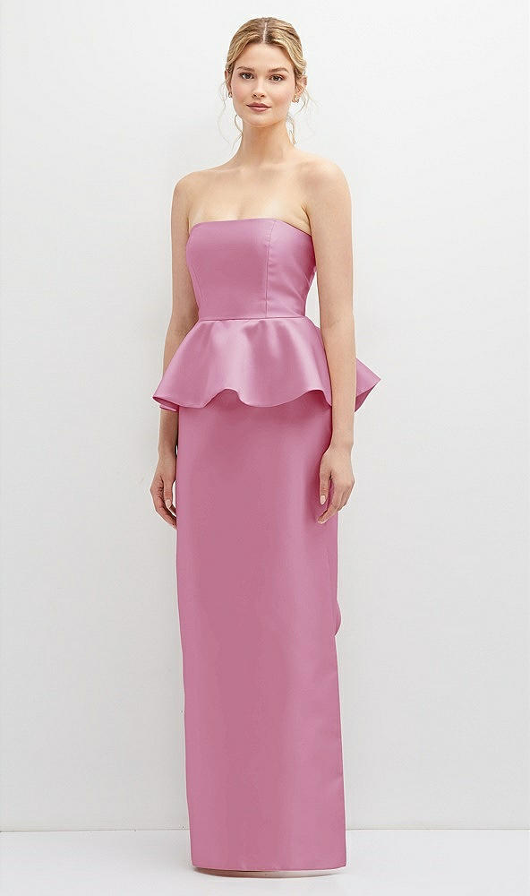 Front View - Powder Pink Strapless Satin Maxi Dress with Cascade Ruffle Peplum Detail