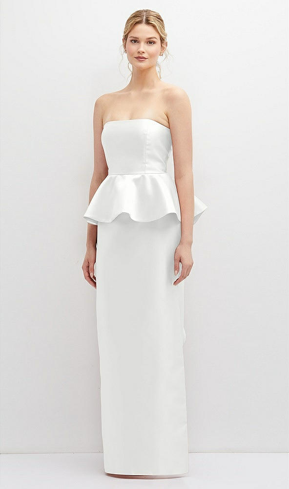 Front View - White Strapless Satin Maxi Dress with Cascade Ruffle Peplum Detail