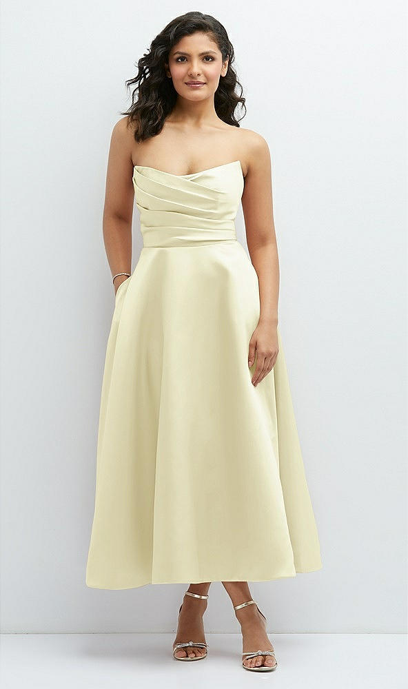 Front View - Butter Yellow Draped Bodice Strapless Satin Midi Dress with Full Circle Skirt