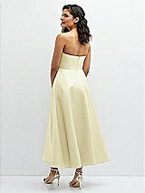 Rear View Thumbnail - Butter Yellow Draped Bodice Strapless Satin Midi Dress with Full Circle Skirt
