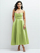 Front View Thumbnail - Mojito Draped Bodice Strapless Satin Midi Dress with Full Circle Skirt