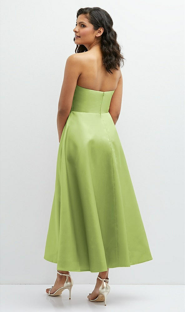 Back View - Mojito Draped Bodice Strapless Satin Midi Dress with Full Circle Skirt