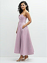 Side View Thumbnail - Suede Rose Draped Bodice Strapless Satin Midi Dress with Full Circle Skirt