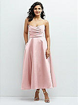 Front View Thumbnail - Ballet Pink Draped Bodice Strapless Satin Midi Dress with Full Circle Skirt