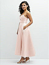 Side View Thumbnail - Blush Draped Bodice Strapless Satin Midi Dress with Full Circle Skirt