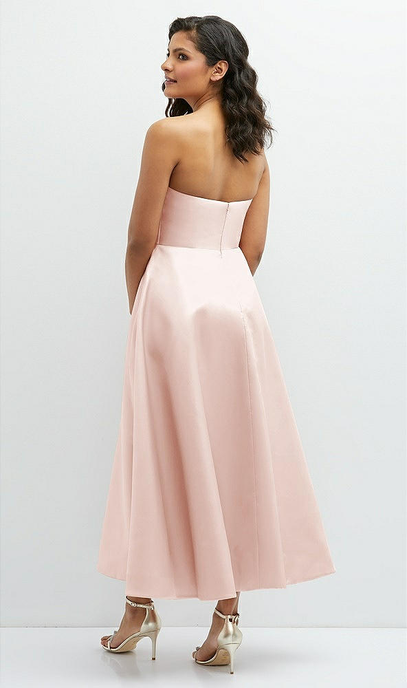 Back View - Blush Draped Bodice Strapless Satin Midi Dress with Full Circle Skirt