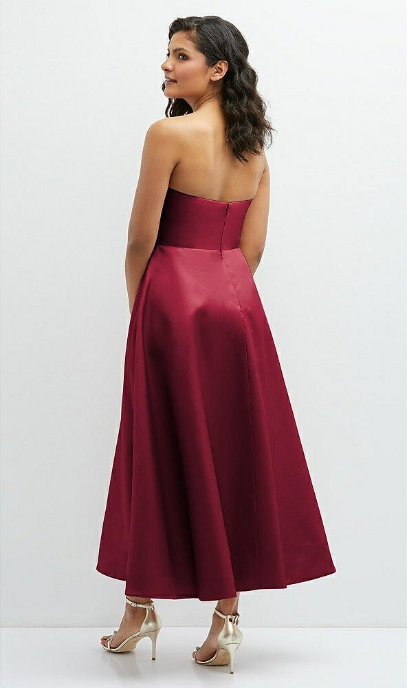 Back View - Burgundy Draped Bodice Strapless Satin Midi Dress with Full Circle Skirt