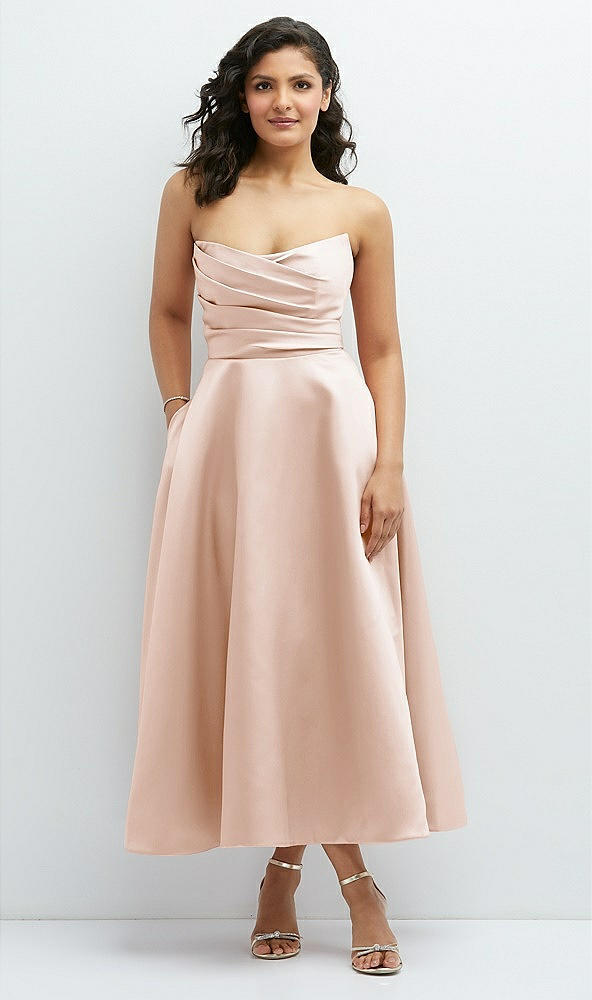 Front View - Cameo Draped Bodice Strapless Satin Midi Dress with Full Circle Skirt