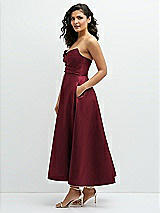 Side View Thumbnail - Cabernet Draped Bodice Strapless Satin Midi Dress with Full Circle Skirt
