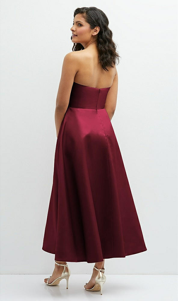 Back View - Cabernet Draped Bodice Strapless Satin Midi Dress with Full Circle Skirt