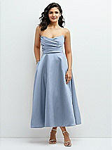Front View Thumbnail - Cloudy Draped Bodice Strapless Satin Midi Dress with Full Circle Skirt