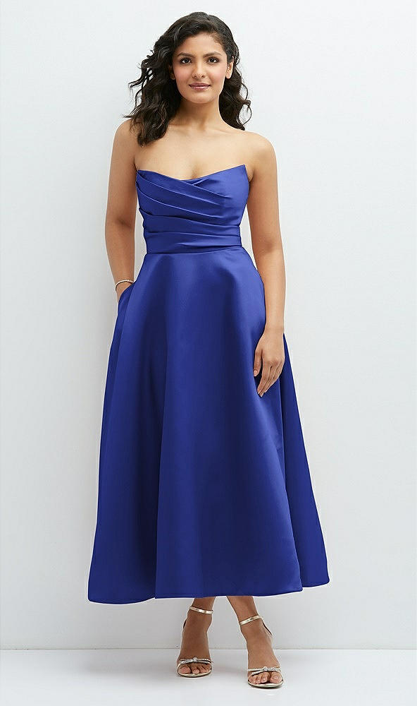Front View - Cobalt Blue Draped Bodice Strapless Satin Midi Dress with Full Circle Skirt
