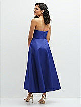 Rear View Thumbnail - Cobalt Blue Draped Bodice Strapless Satin Midi Dress with Full Circle Skirt