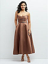 Front View Thumbnail - Cognac Draped Bodice Strapless Satin Midi Dress with Full Circle Skirt