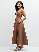 Side View Thumbnail - Cognac Draped Bodice Strapless Satin Midi Dress with Full Circle Skirt