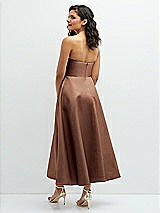 Rear View Thumbnail - Cognac Draped Bodice Strapless Satin Midi Dress with Full Circle Skirt