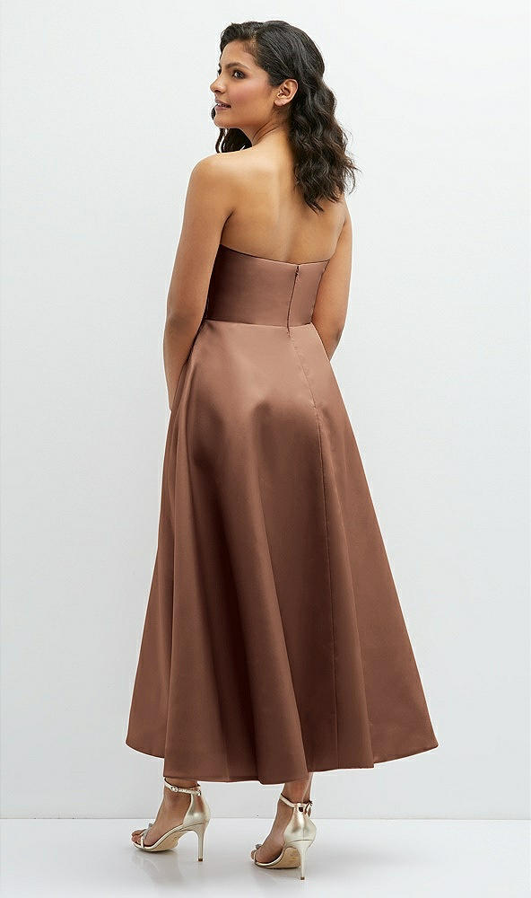 Back View - Cognac Draped Bodice Strapless Satin Midi Dress with Full Circle Skirt