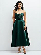 Front View Thumbnail - Evergreen Draped Bodice Strapless Satin Midi Dress with Full Circle Skirt