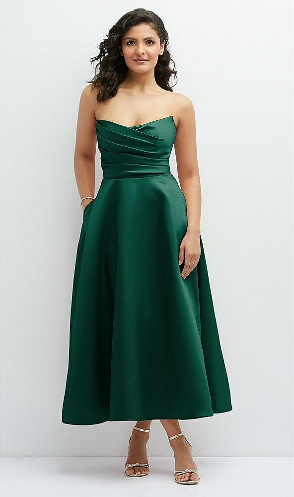 Front View - Hunter Green Draped Bodice Strapless Satin Midi Dress with Full Circle Skirt
