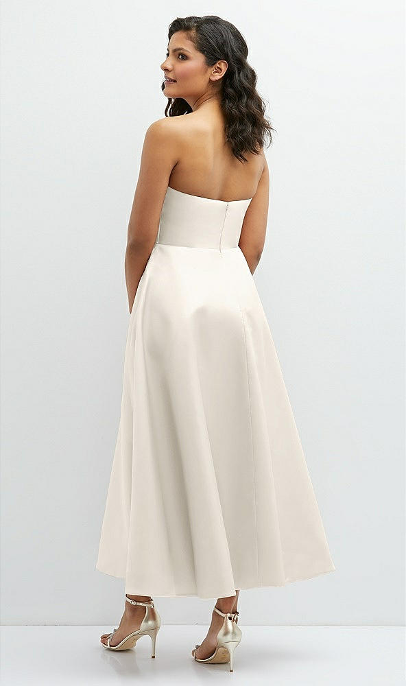 Back View - Ivory Draped Bodice Strapless Satin Midi Dress with Full Circle Skirt