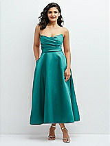 Front View Thumbnail - Jade Draped Bodice Strapless Satin Midi Dress with Full Circle Skirt