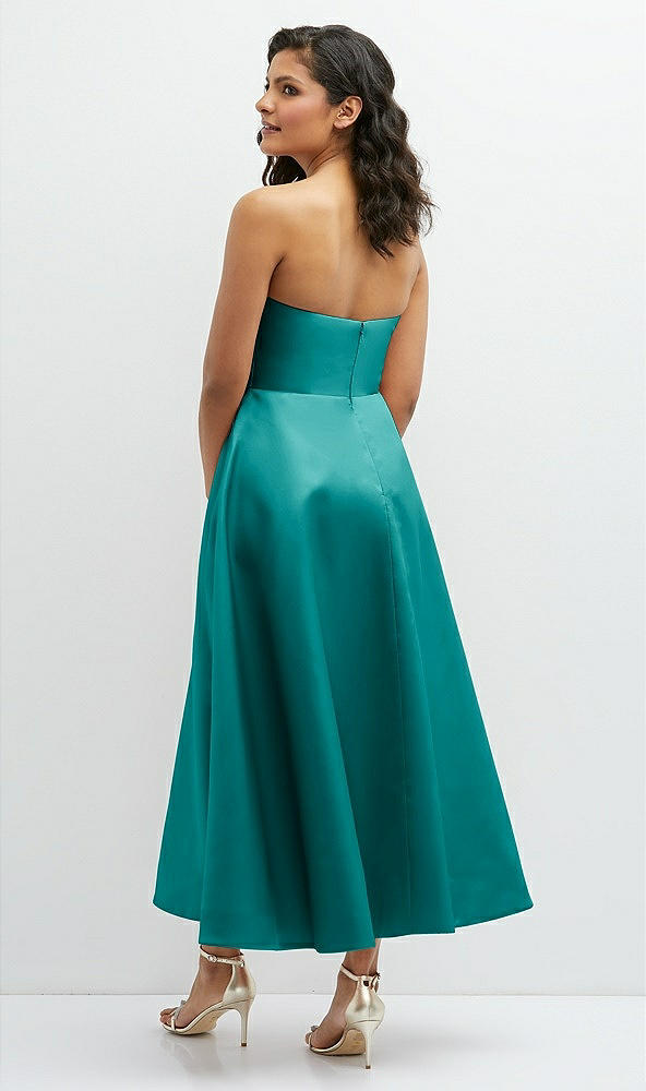 Back View - Jade Draped Bodice Strapless Satin Midi Dress with Full Circle Skirt