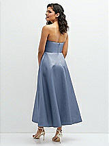 Rear View Thumbnail - Larkspur Blue Draped Bodice Strapless Satin Midi Dress with Full Circle Skirt