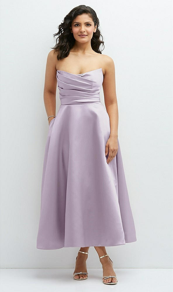 Front View - Lilac Haze Draped Bodice Strapless Satin Midi Dress with Full Circle Skirt