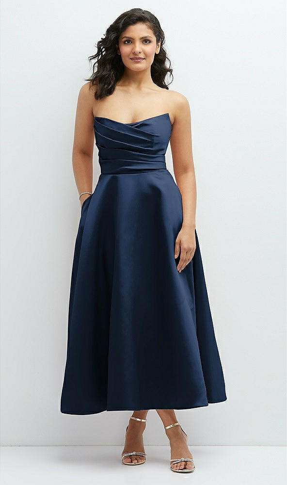 Front View - Midnight Navy Draped Bodice Strapless Satin Midi Dress with Full Circle Skirt