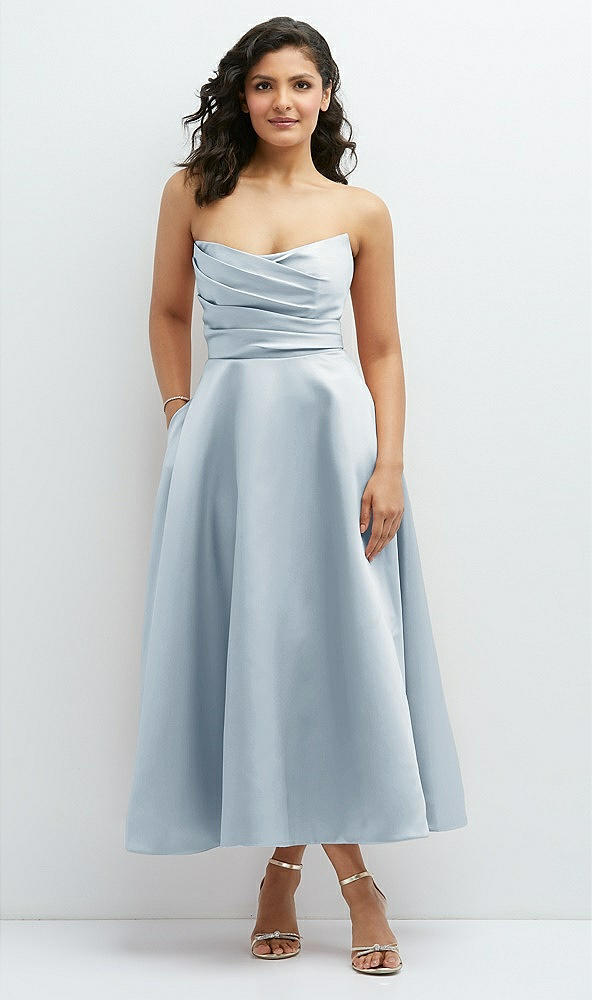 Front View - Mist Draped Bodice Strapless Satin Midi Dress with Full Circle Skirt