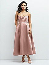 Front View Thumbnail - Neu Nude Draped Bodice Strapless Satin Midi Dress with Full Circle Skirt