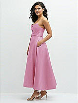 Side View Thumbnail - Powder Pink Draped Bodice Strapless Satin Midi Dress with Full Circle Skirt