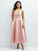 Front View Thumbnail - Rose Draped Bodice Strapless Satin Midi Dress with Full Circle Skirt