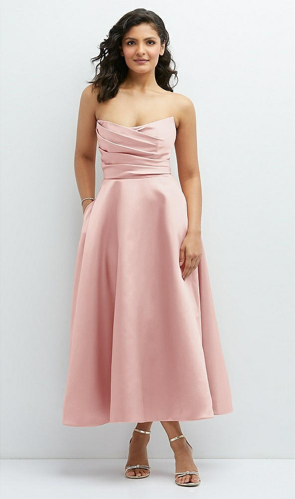 Front View - Rose Draped Bodice Strapless Satin Midi Dress with Full Circle Skirt
