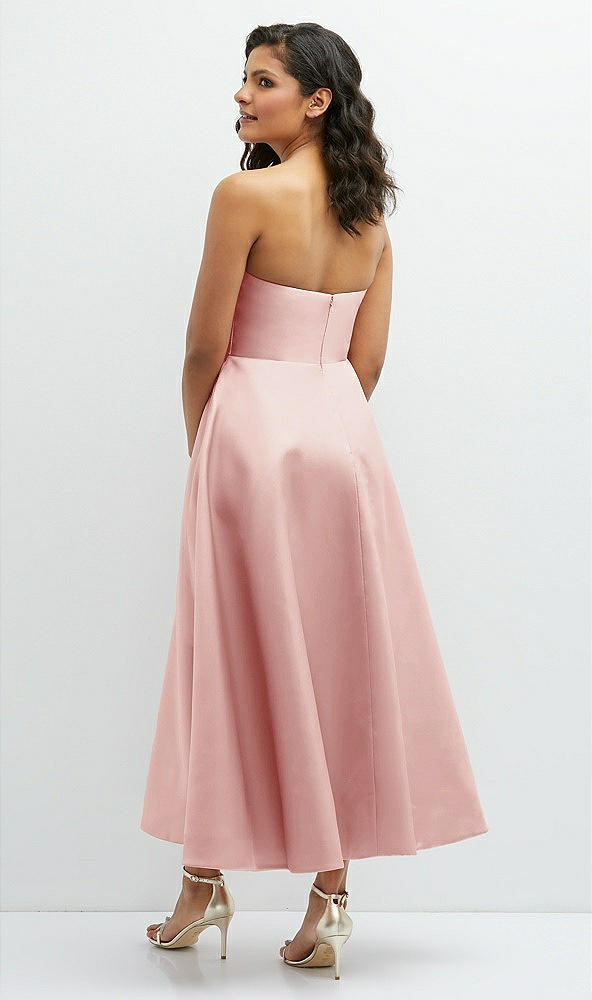 Back View - Rose Draped Bodice Strapless Satin Midi Dress with Full Circle Skirt