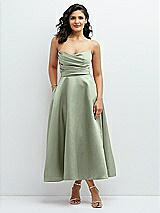 Front View Thumbnail - Sage Draped Bodice Strapless Satin Midi Dress with Full Circle Skirt