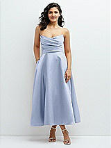 Front View Thumbnail - Sky Blue Draped Bodice Strapless Satin Midi Dress with Full Circle Skirt