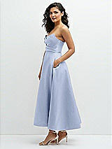 Side View Thumbnail - Sky Blue Draped Bodice Strapless Satin Midi Dress with Full Circle Skirt