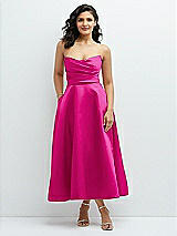 Front View Thumbnail - Think Pink Draped Bodice Strapless Satin Midi Dress with Full Circle Skirt