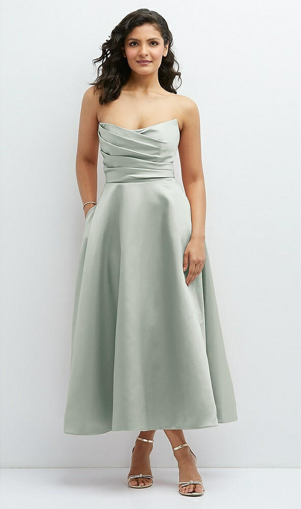 Front View - Willow Green Draped Bodice Strapless Satin Midi Dress with Full Circle Skirt