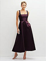 Front View Thumbnail - Deep Plum Square Neck Satin Midi Dress with Full Skirt & Pockets