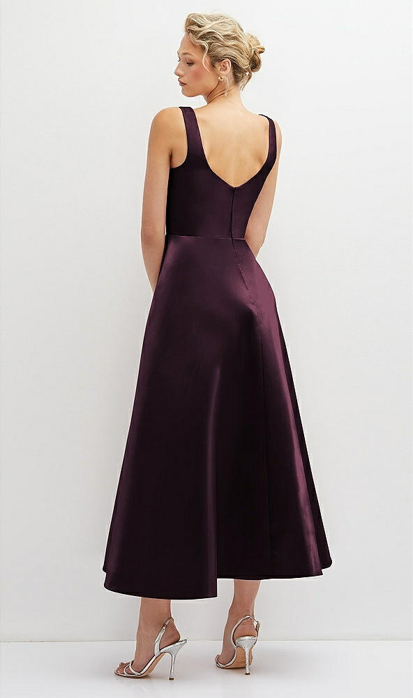 Back View - Deep Plum Square Neck Satin Midi Dress with Full Skirt & Pockets