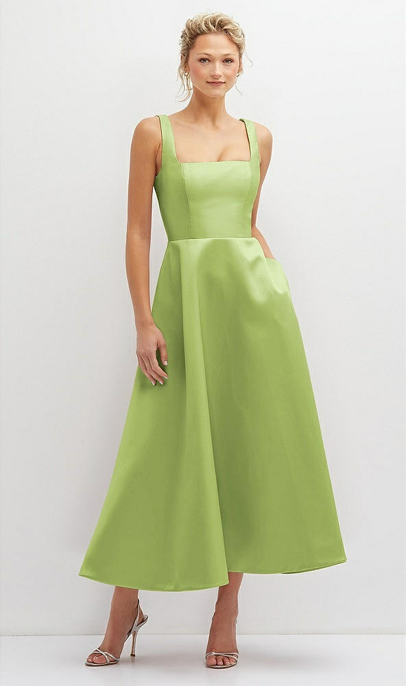 Front View - Mojito Square Neck Satin Midi Dress with Full Skirt & Pockets