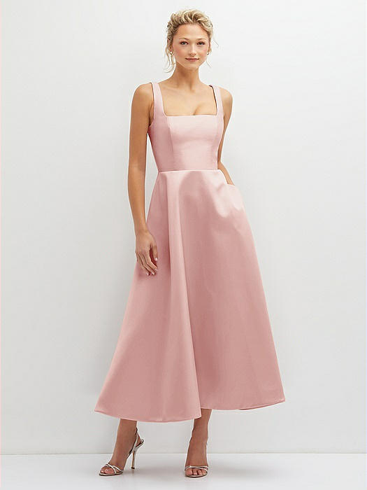 Square Neck Satin Midi Dress with Full Skirt & Pockets