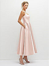 Side View Thumbnail - Blush Square Neck Satin Midi Dress with Full Skirt & Pockets