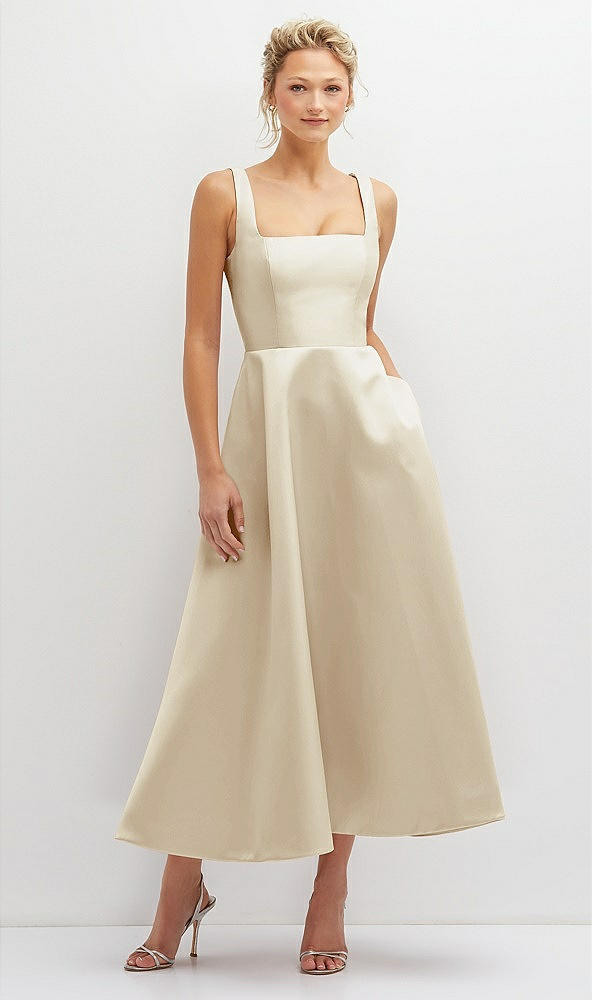 Front View - Champagne Square Neck Satin Midi Dress with Full Skirt & Pockets