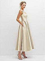 Side View Thumbnail - Champagne Square Neck Satin Midi Dress with Full Skirt & Pockets
