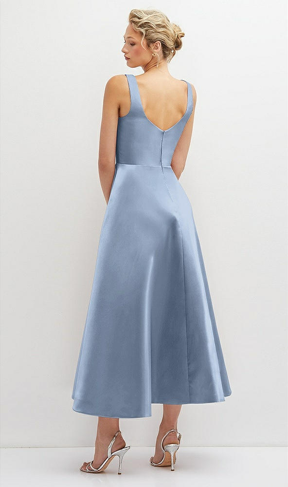 Back View - Cloudy Square Neck Satin Midi Dress with Full Skirt & Pockets